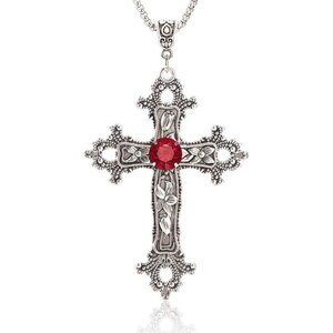Goth Cross Necklace Silver Tone Large Pendant with Glass Stone Steel Chain